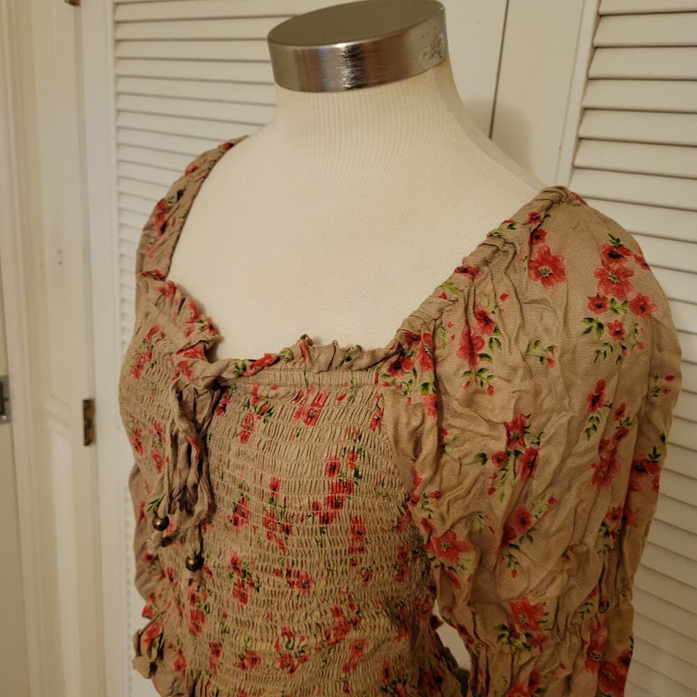 Angie Boho Floral Smocked Peasant Crop Top Y2K Hippie Medium - Picture 3 of 7
